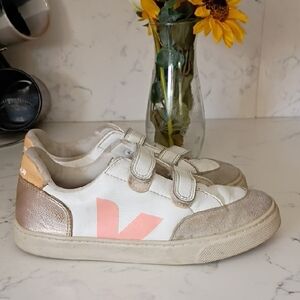 Veja Kids' White and Pink Sneakers with Gold Accents